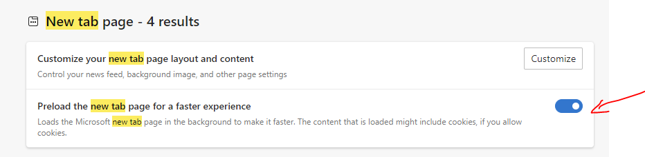 edge settings: preload new tab page